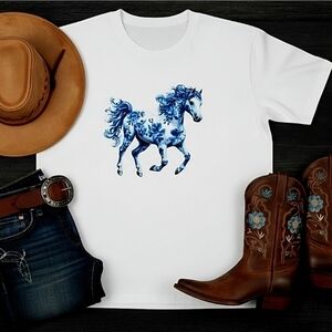 Blue Floral Horse Graphic Tee | Boho Western Cowgirl Shirt | Unisex